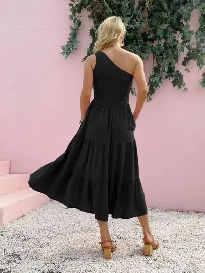 Smocked Single Shoulder Sleeveless Dress BLUE ZONE PLANET