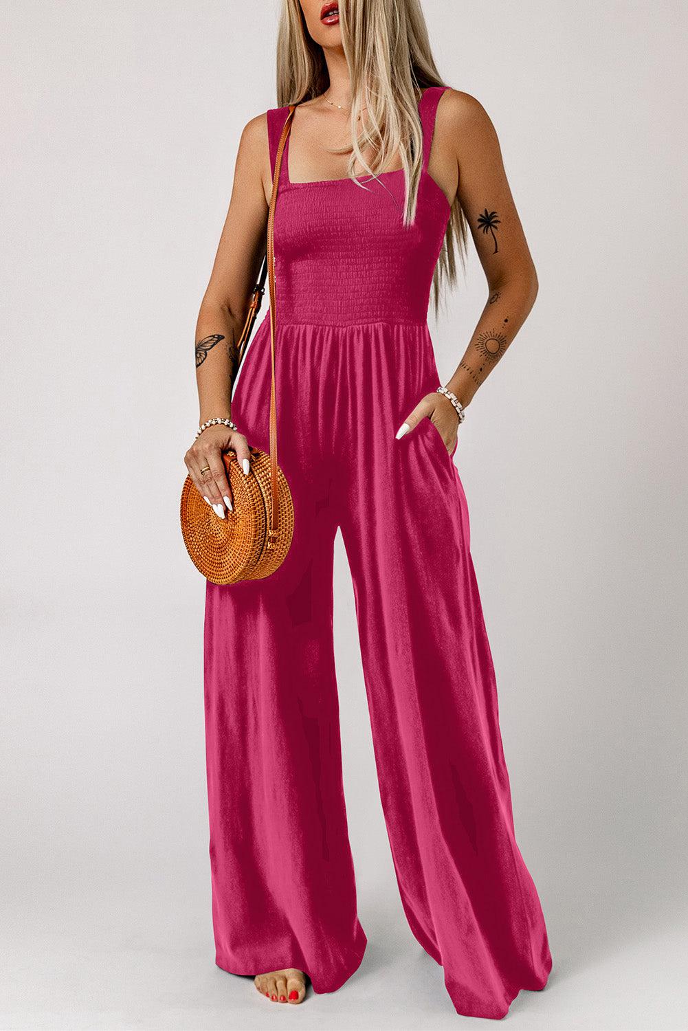 Smocked Square Neck Wide Leg Jumpsuit with Pockets BLUE ZONE PLANET