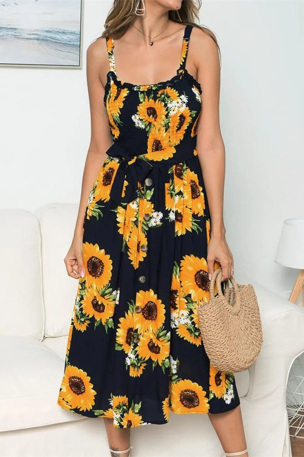 Wholesale MOQ6 Smocked Sunflower Printed Sleeveless Cami Dress Wholesale MOQ6 Smocked Sunflower Printed Sleeveless Cami Dress