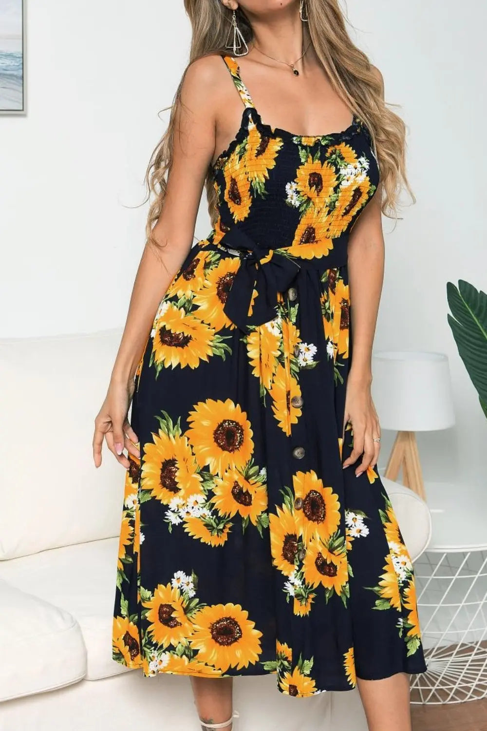 Smocked Sunflower Printed Sleeveless Cami Dress BLUE ZONE PLANET