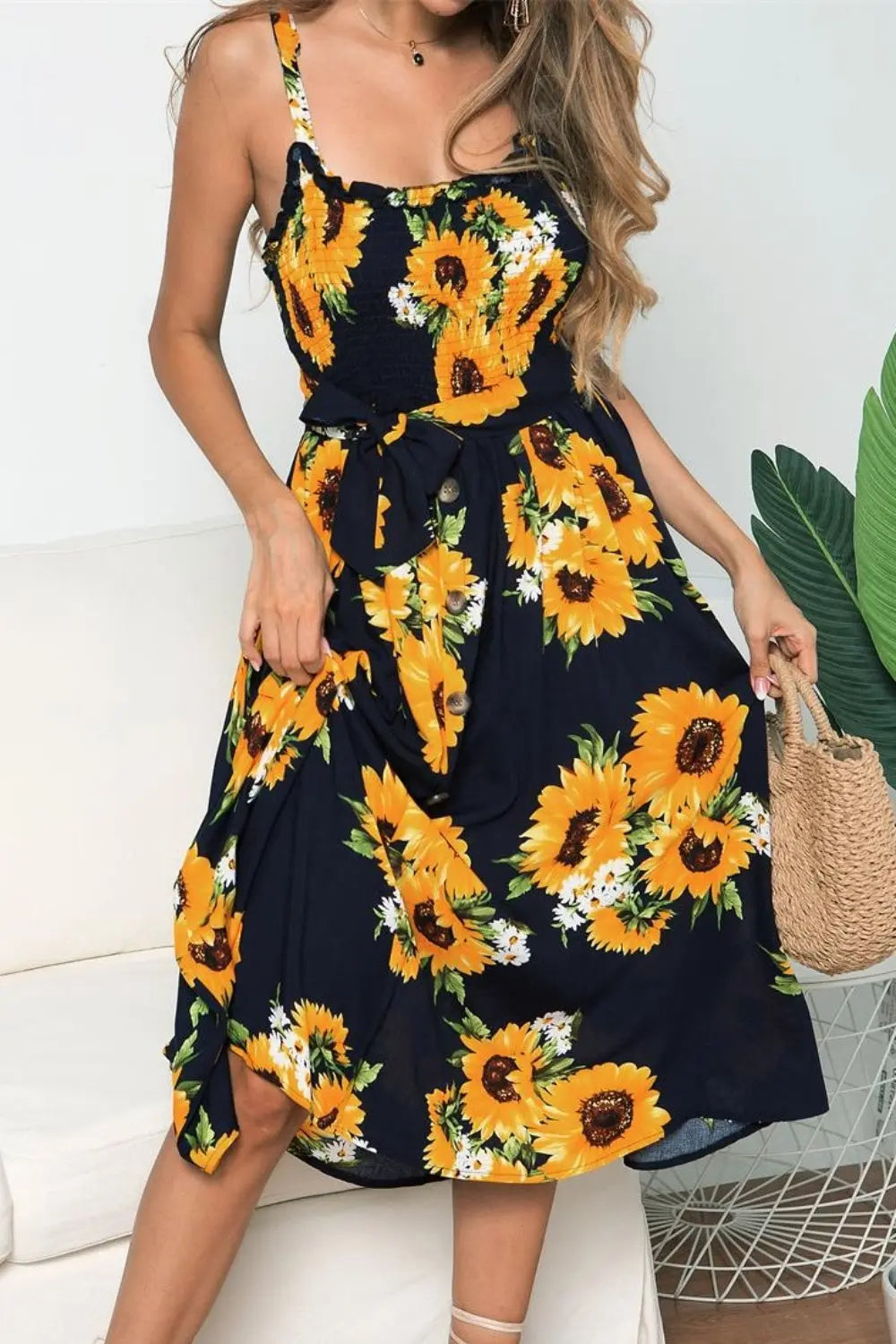 Smocked Sunflower Printed Sleeveless Cami Dress BLUE ZONE PLANET