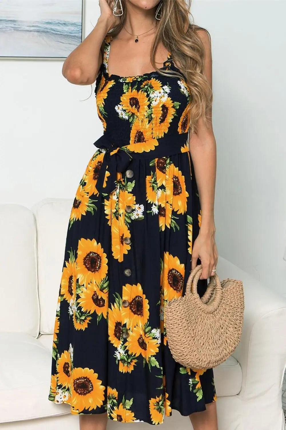 Smocked Sunflower Printed Sleeveless Cami Dress BLUE ZONE PLANET