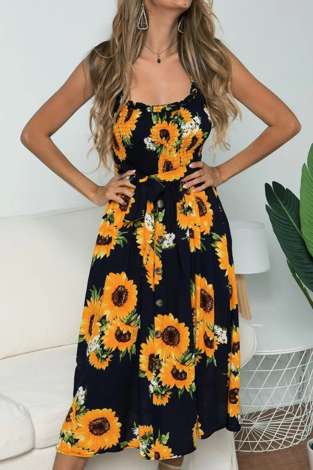 Smocked Sunflower Printed Sleeveless Cami Dress BLUE ZONE PLANET