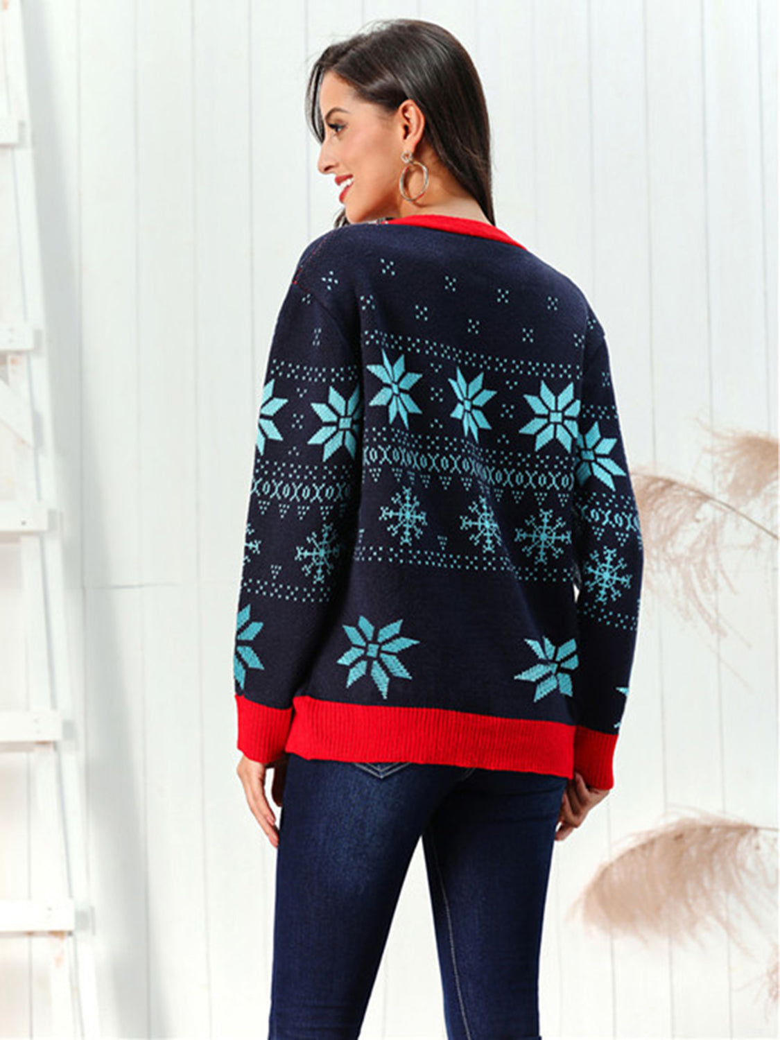 Snowflake Pattern Button Down Cardigan BLUE ZONE PLANET