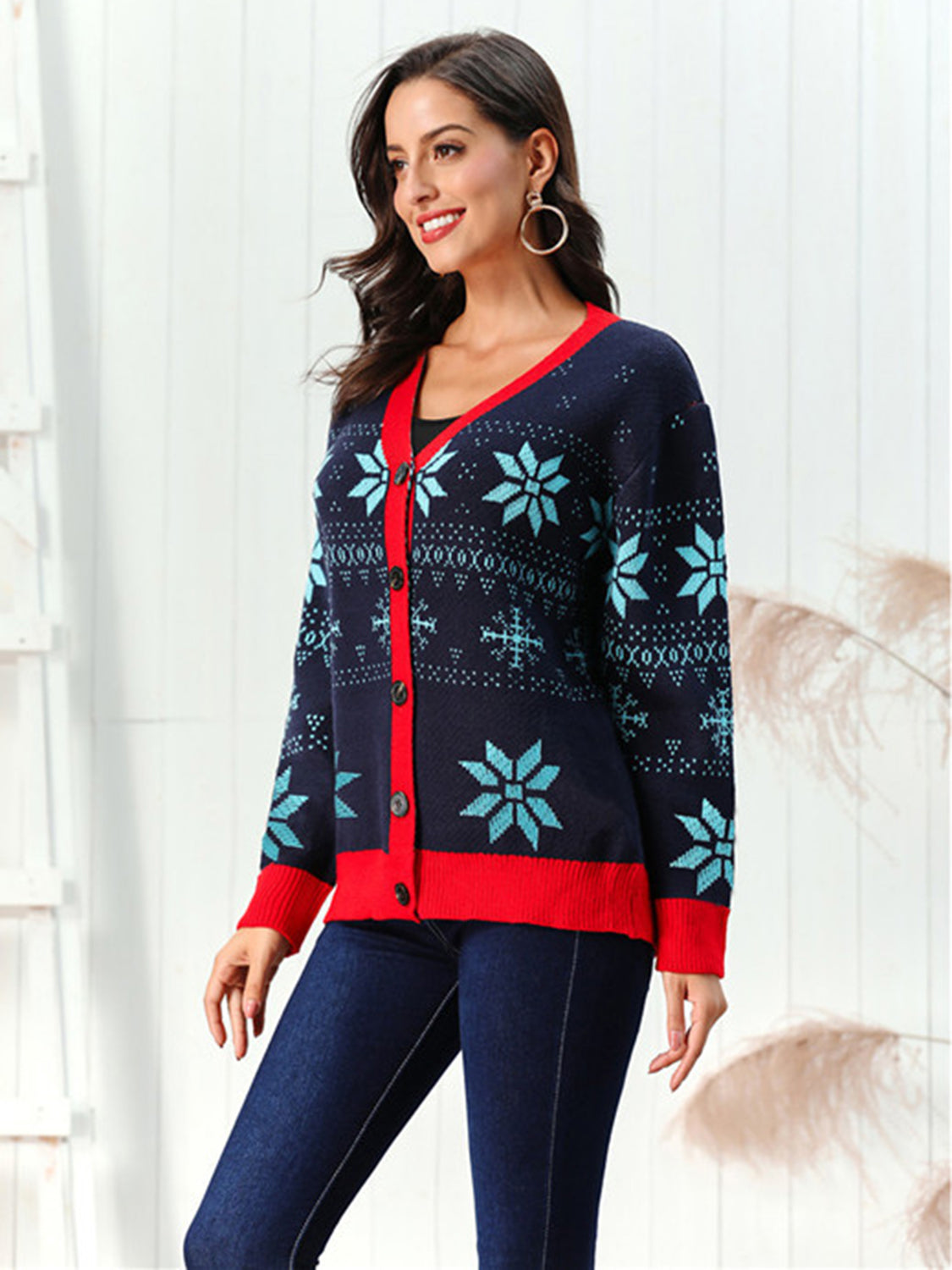Snowflake Pattern Button Down Cardigan BLUE ZONE PLANET