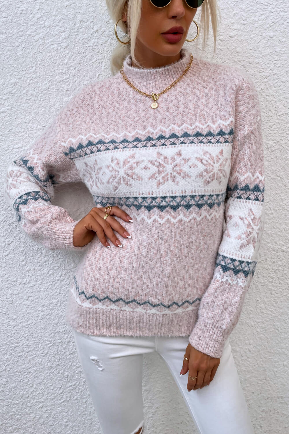 Snowflake Pattern Mock Neck Sweater BLUE ZONE PLANET