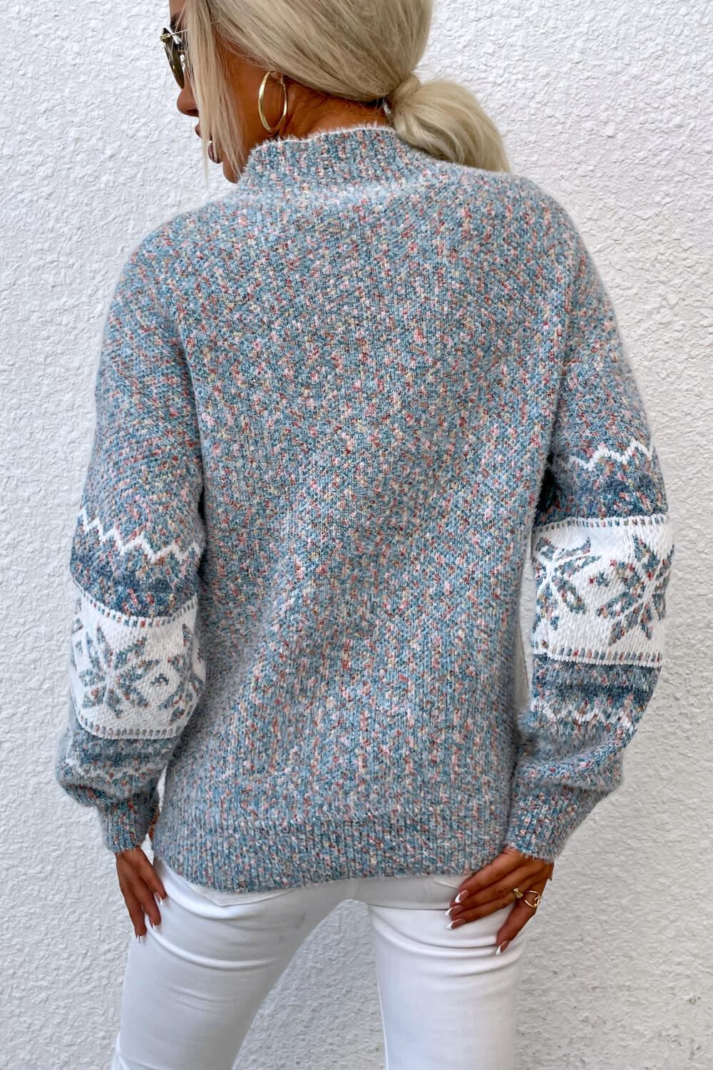 Snowflake Pattern Mock Neck Sweater BLUE ZONE PLANET