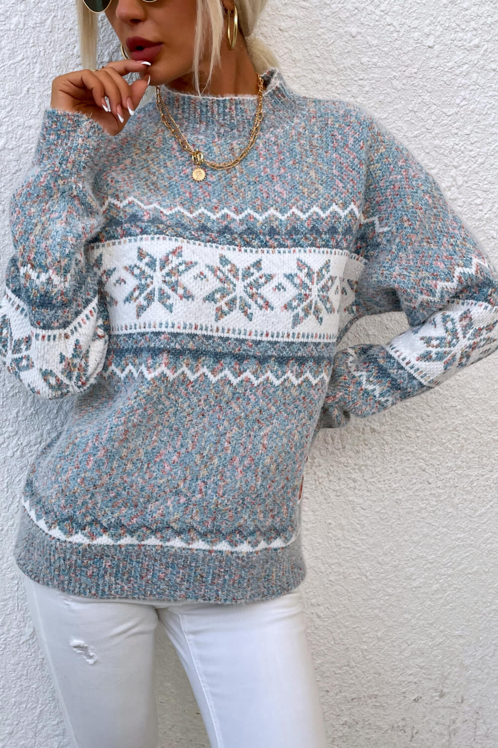 Snowflake Pattern Mock Neck Sweater BLUE ZONE PLANET
