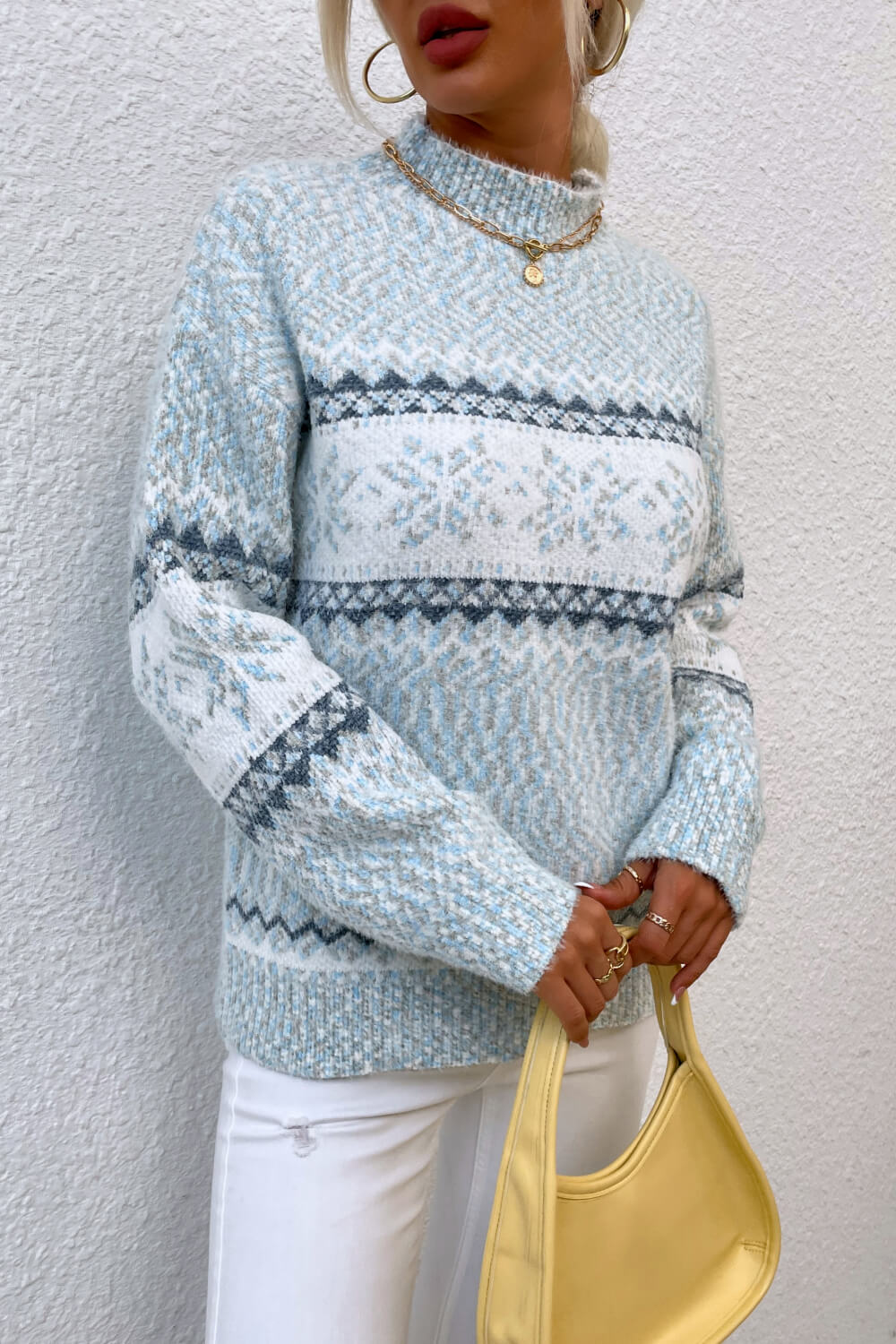Snowflake Pattern Mock Neck Sweater BLUE ZONE PLANET