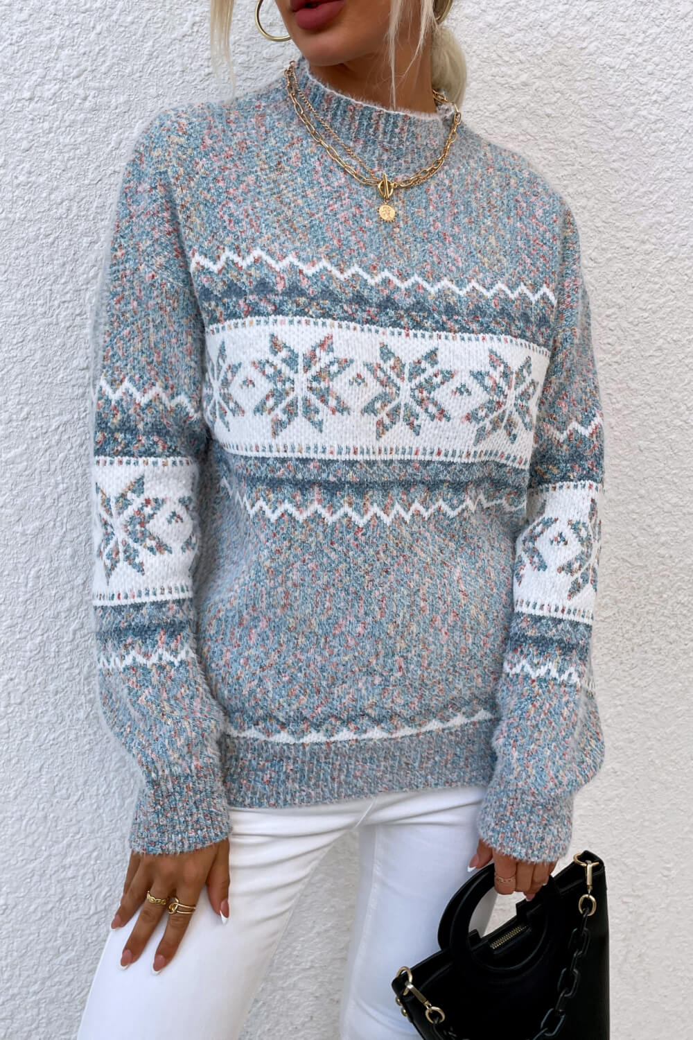 Snowflake Pattern Mock Neck Sweater BLUE ZONE PLANET
