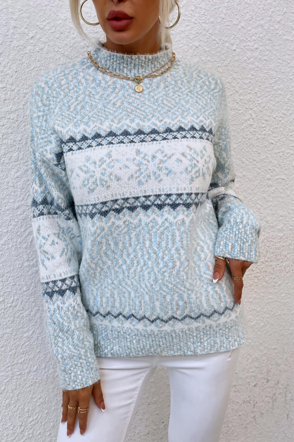Snowflake Pattern Mock Neck Sweater BLUE ZONE PLANET