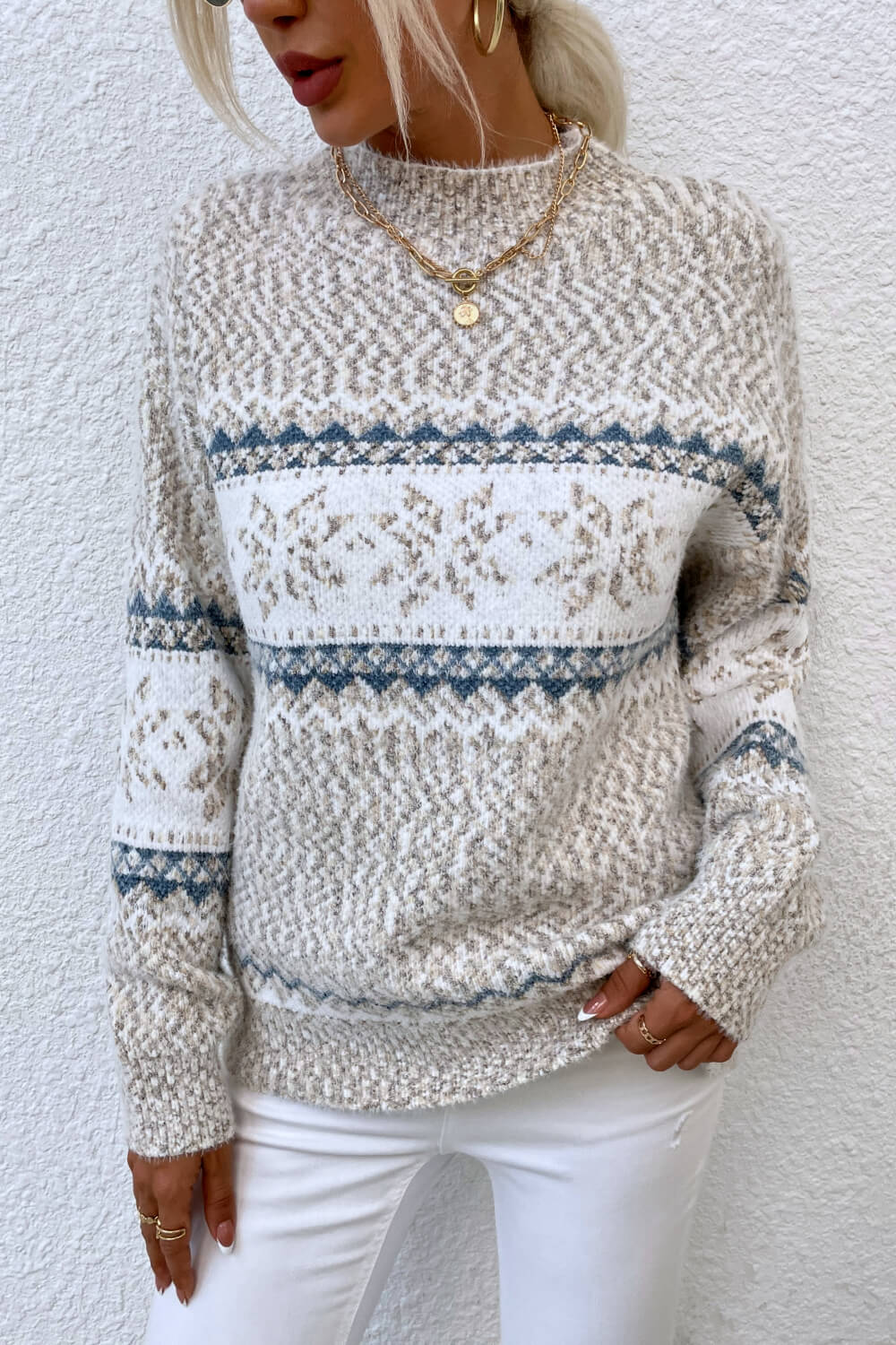 Snowflake Pattern Mock Neck Sweater BLUE ZONE PLANET