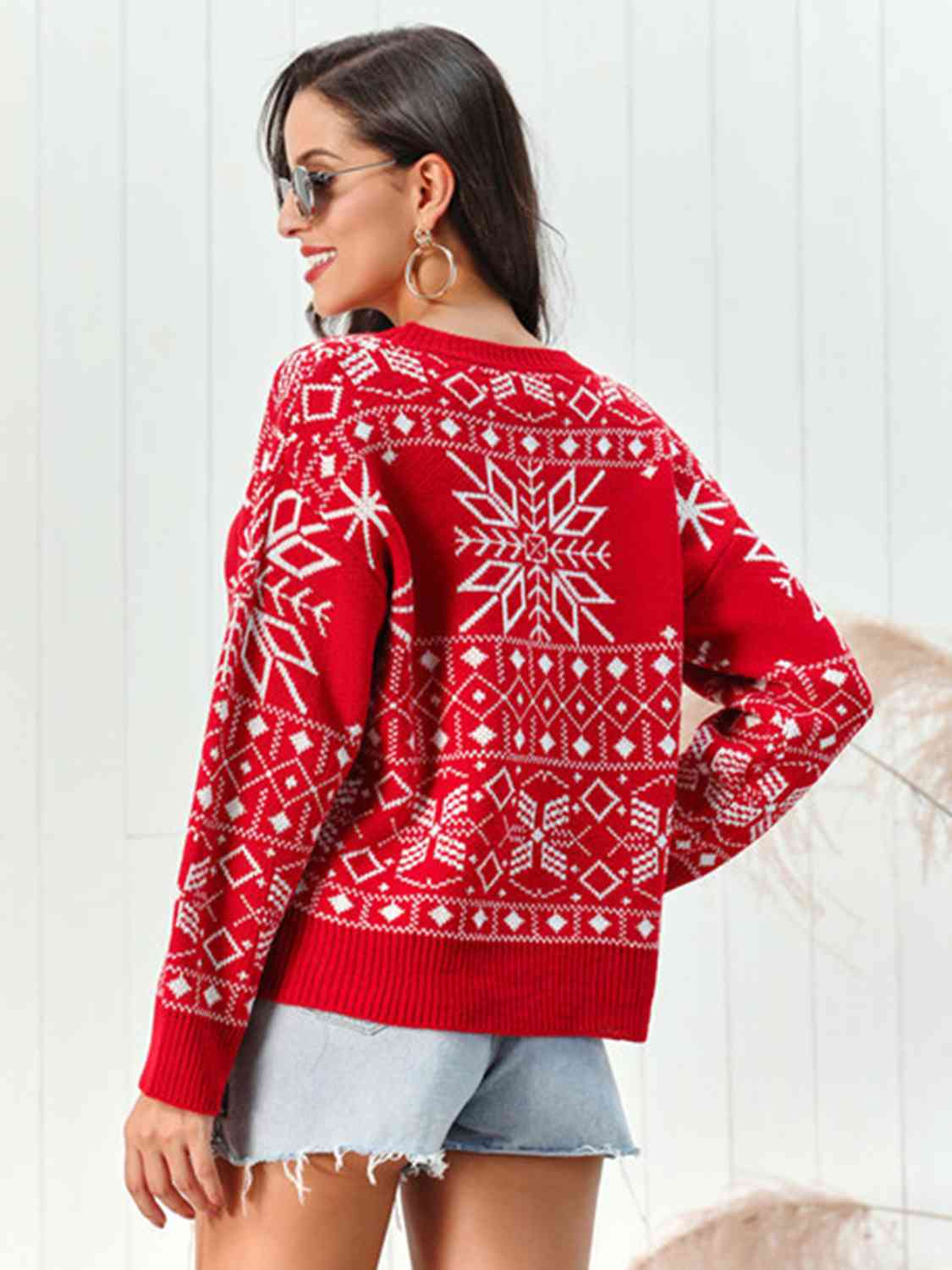 Snowflake Pattern Round Neck Sweater BLUE ZONE PLANET