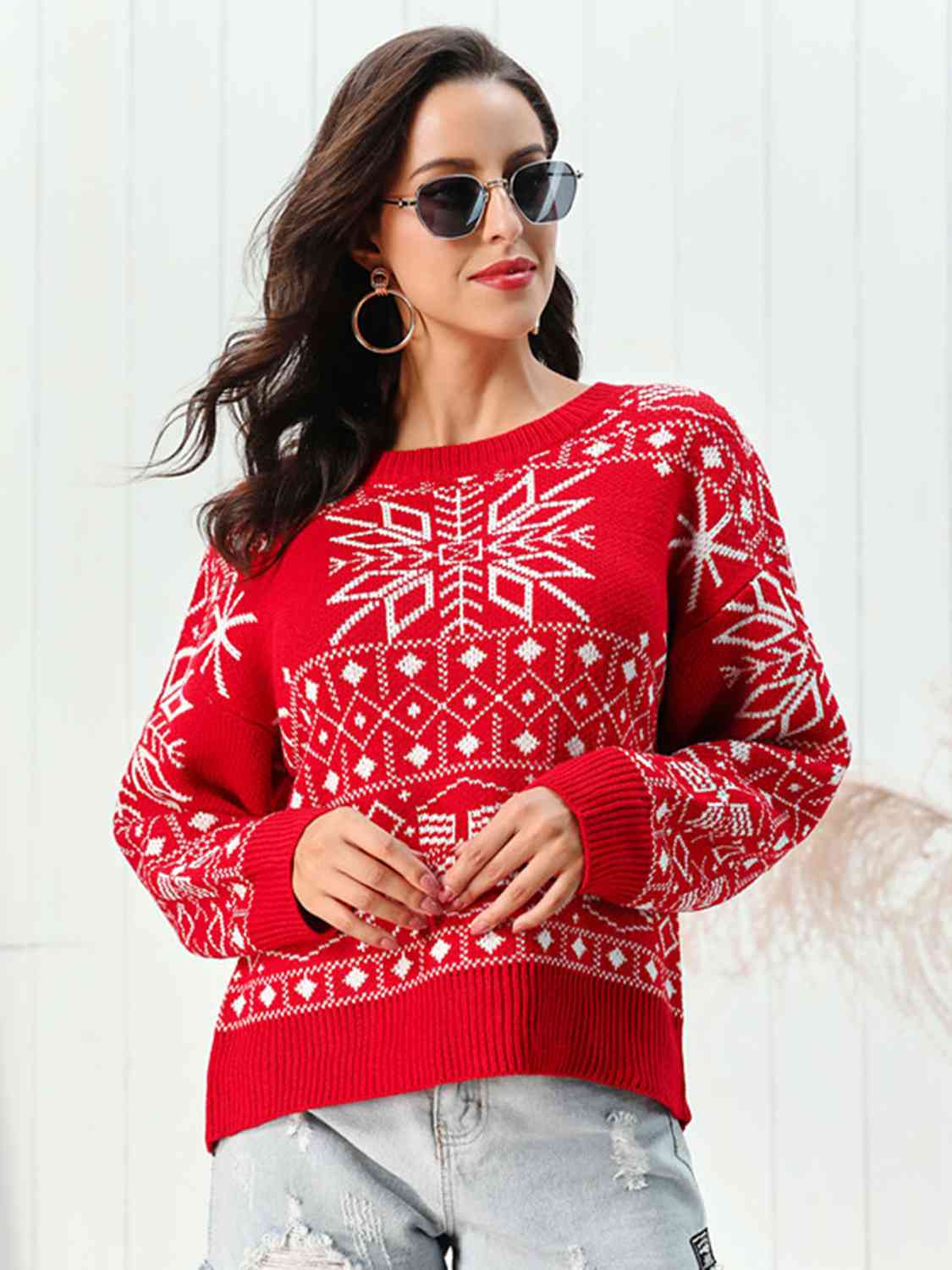Snowflake Pattern Round Neck Sweater BLUE ZONE PLANET