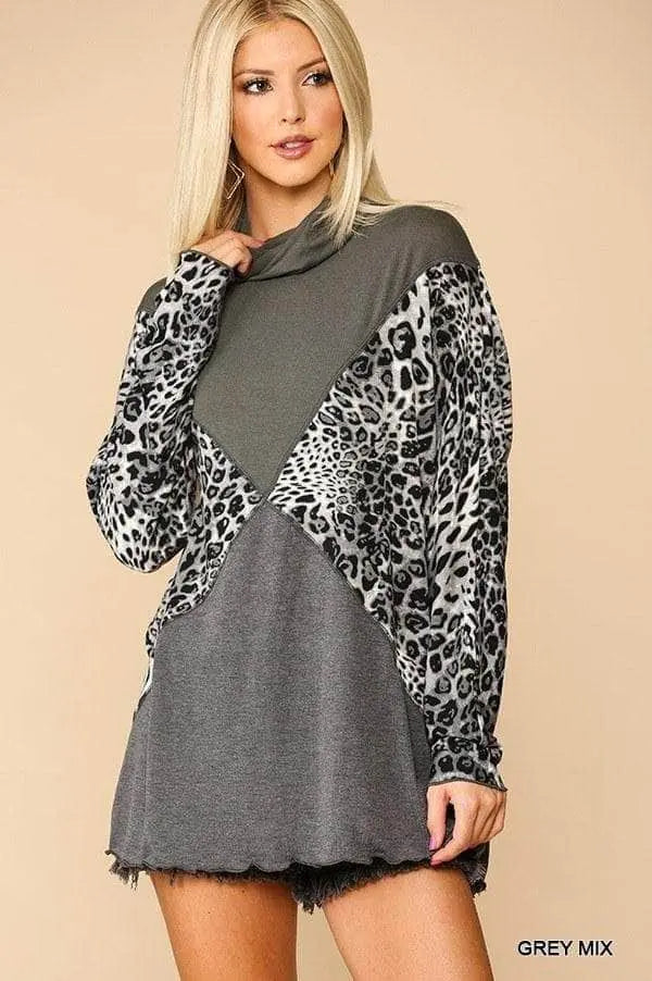 Solid And Animal Print Mixed Knit Turtleneck Top With Long Sleeves Blue Zone Planet