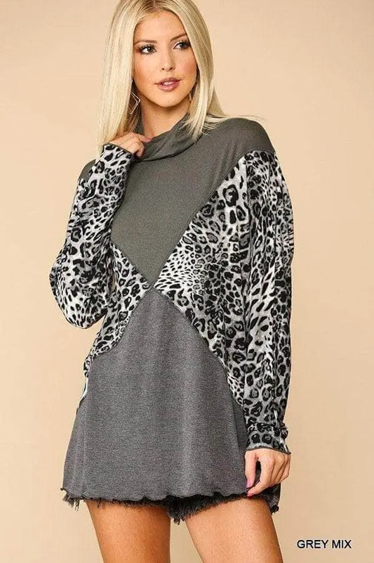 Solid And Animal Print Mixed Knit Turtleneck Top With Long Sleeves Blue Zone Planet