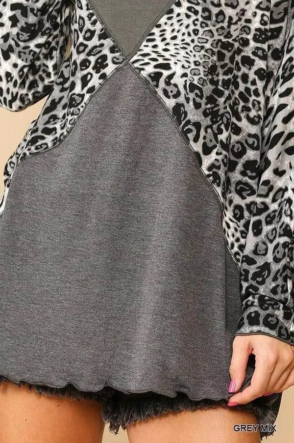 Solid And Animal Print Mixed Knit Turtleneck Top With Long Sleeves Blue Zone Planet
