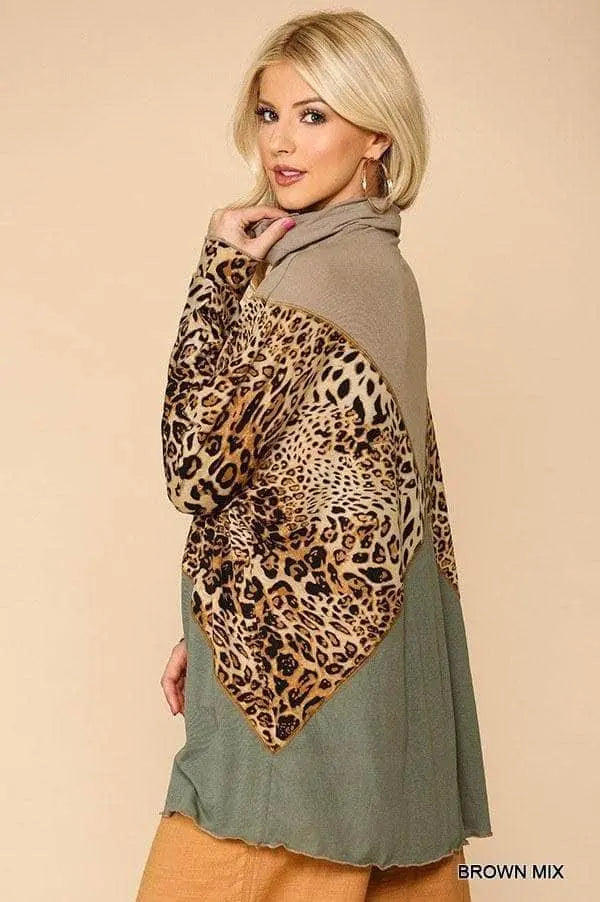 Solid And Animal Print Mixed Knit Turtleneck Top With Long Sleeves Blue Zone Planet