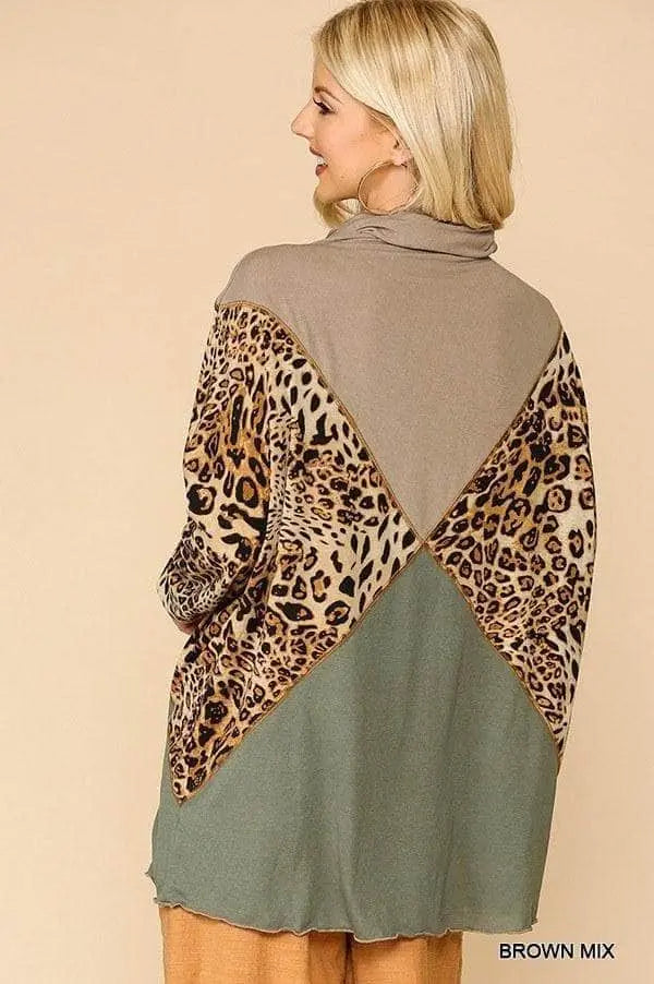 Solid And Animal Print Mixed Knit Turtleneck Top With Long Sleeves Blue Zone Planet