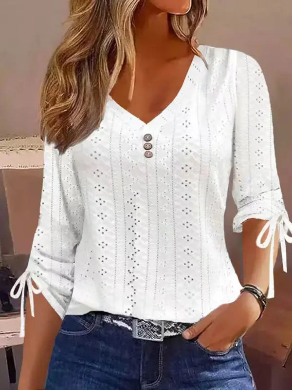 Solid Color Jacquard Button Long Sleeve T-Shirt Top kakaclo