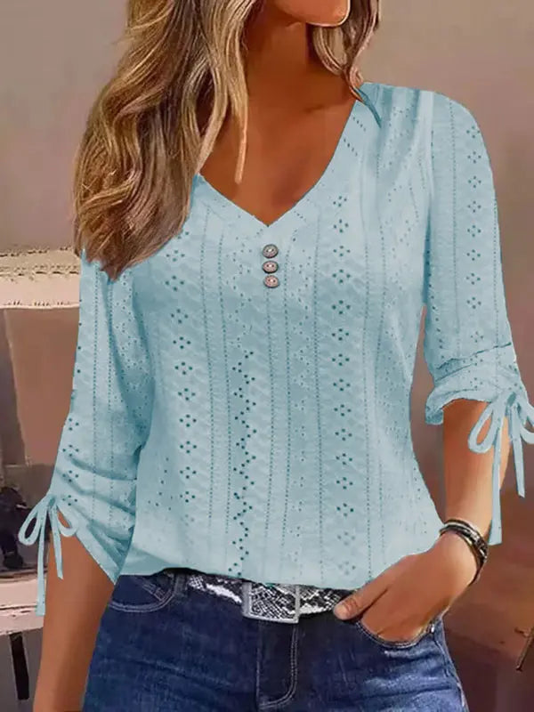 Solid Color Jacquard Button Long Sleeve T-Shirt Top kakaclo