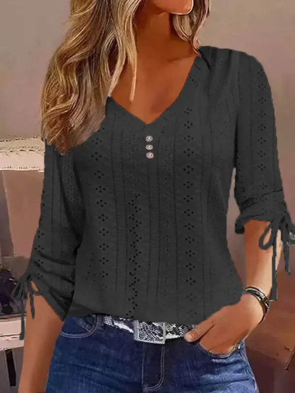 Solid Color Jacquard Button Long Sleeve T-Shirt Top kakaclo