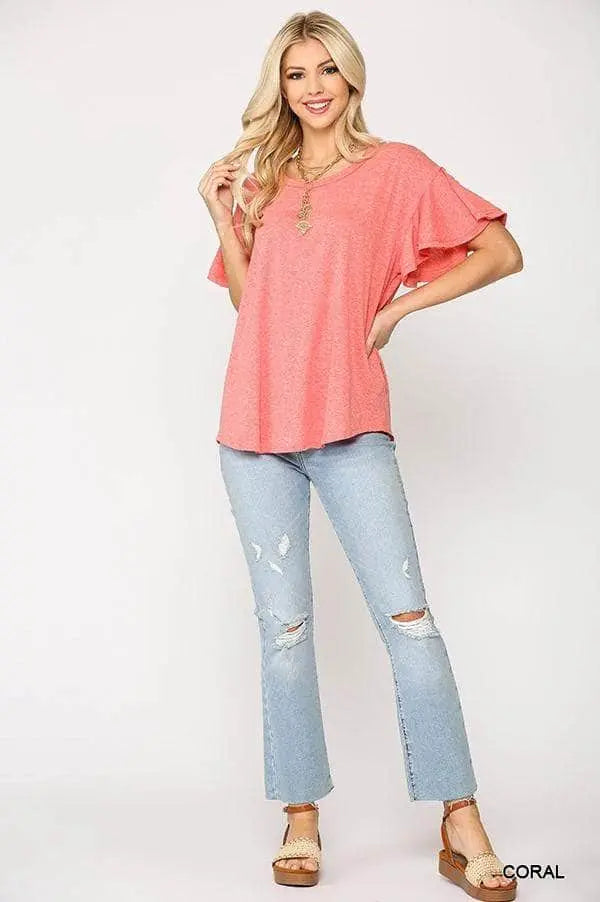 Solid Round Neck Frill Sleeve Top With Scoop Hem Blue Zone Planet