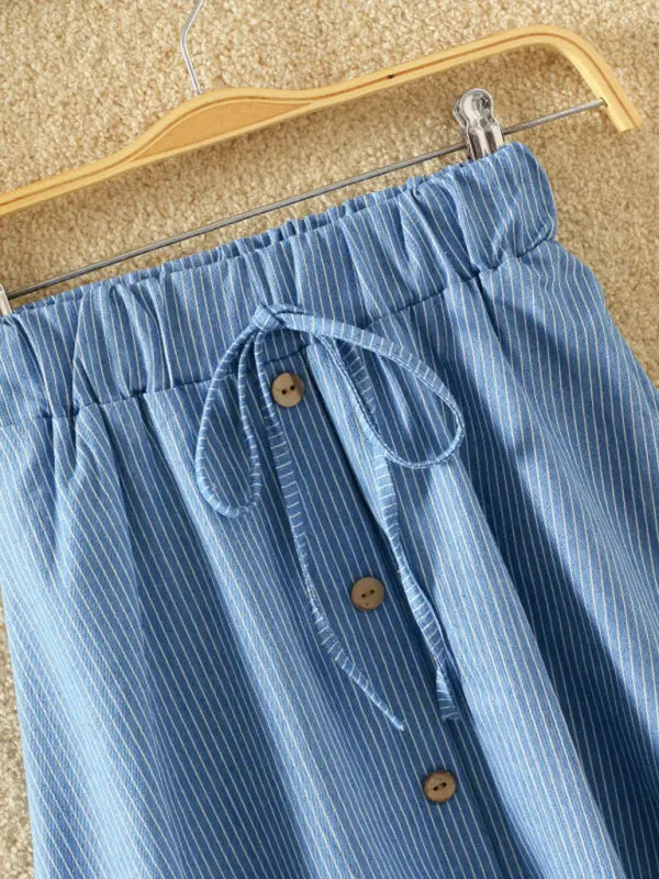 Sonia's Lace-Up Single-Breasted Pinstripe Midi Skirt kakaclo