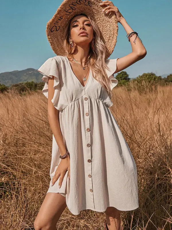 Sophie's Woven V-Neck Button-Up Swing A-Line Mini Dress with Cap Sleeves BLUE ZONE PLANET