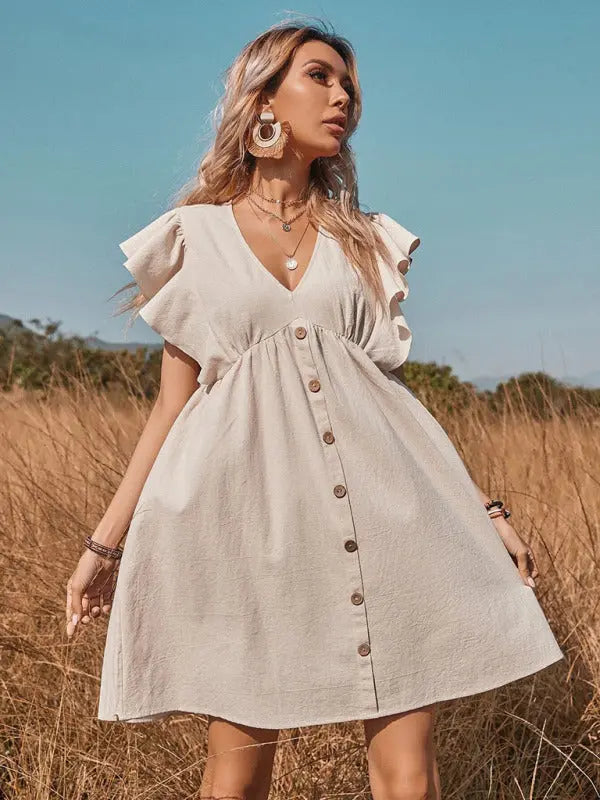 Sophie's Woven V-Neck Button-Up Swing A-Line Mini Dress with Cap Sleeves BLUE ZONE PLANET