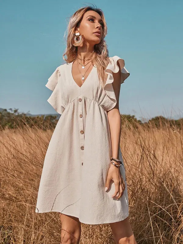 Sophie's Woven V-Neck Button-Up Swing A-Line Mini Dress with Cap Sleeves BLUE ZONE PLANET