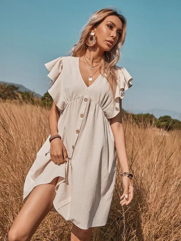 Sophie's Woven V-Neck Button-Up Swing A-Line Mini Dress with Cap Sleeves BLUE ZONE PLANET