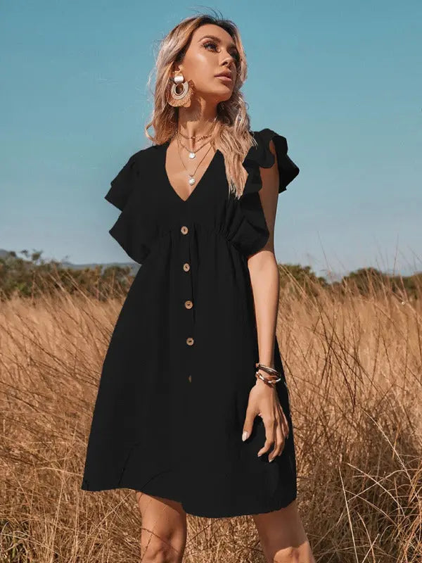 Sophie's Woven V-Neck Button-Up Swing A-Line Mini Dress with Cap Sleeves BLUE ZONE PLANET