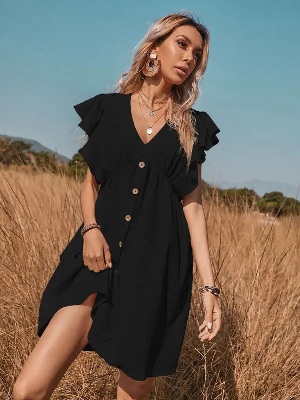 Sophie's Woven V-Neck Button-Up Swing A-Line Mini Dress with Cap Sleeves BLUE ZONE PLANET