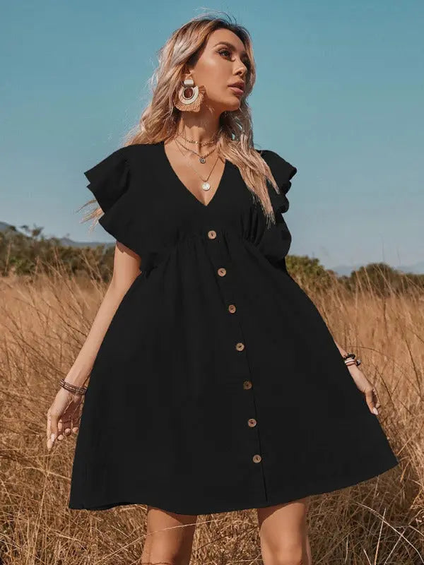 Sophie's Woven V-Neck Button-Up Swing A-Line Mini Dress with Cap Sleeves BLUE ZONE PLANET