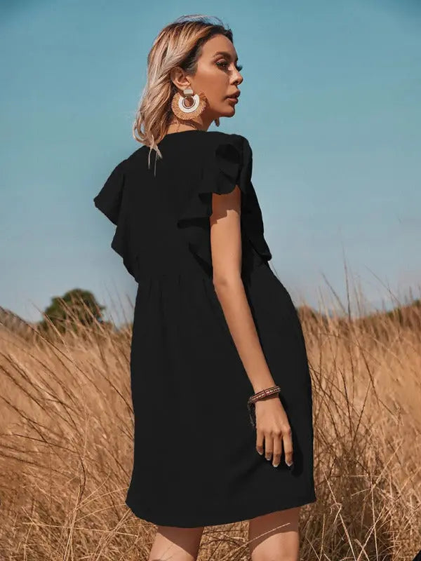 Sophie's Woven V-Neck Button-Up Swing A-Line Mini Dress with Cap Sleeves BLUE ZONE PLANET