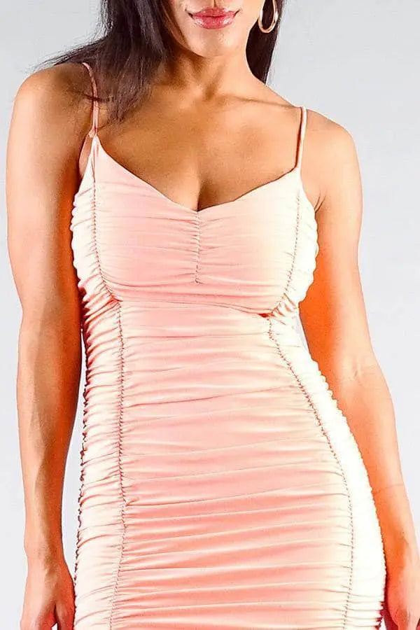 Spaghetti Strap Gathered Front Ruched All Over Mini Dress Blue Zone Planet