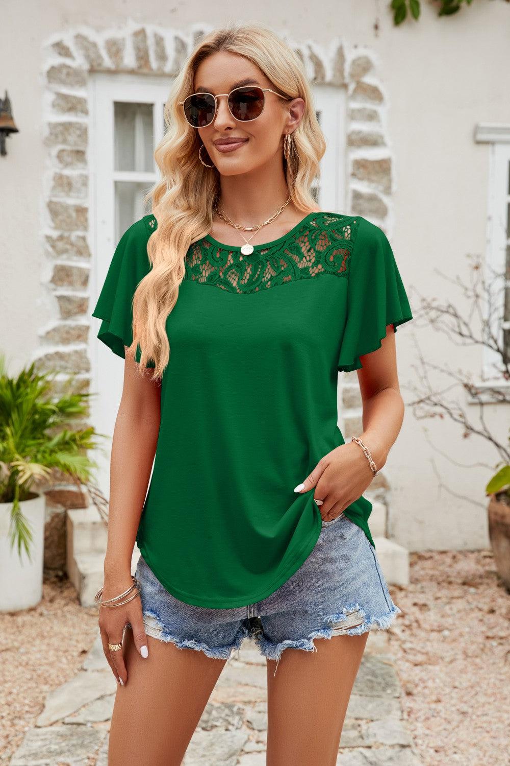 Spliced Lace Flutter Sleeve Top BLUE ZONE PLANET