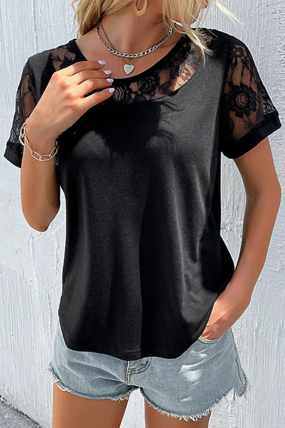 Spliced Lace Round Neck Short Sleeve Top BLUE ZONE PLANET