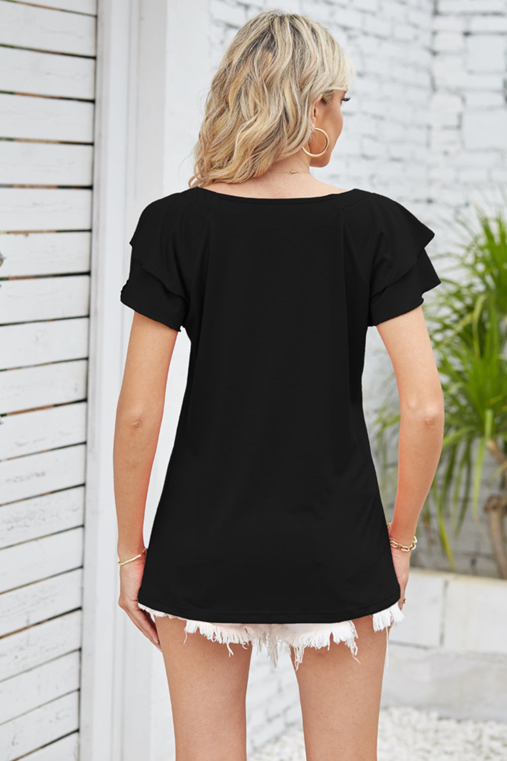 Square Neck Flutter Sleeve Top BLUE ZONE PLANET