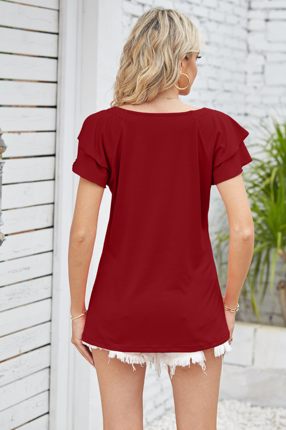 Square Neck Flutter Sleeve Top BLUE ZONE PLANET