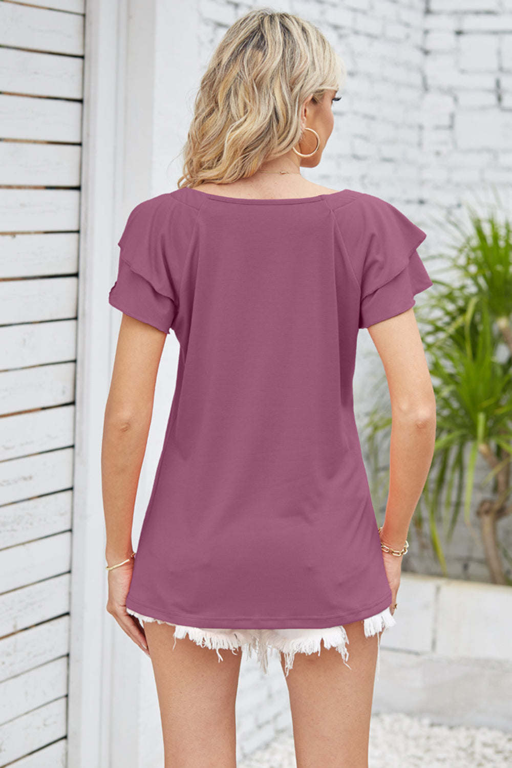Square Neck Flutter Sleeve Top BLUE ZONE PLANET