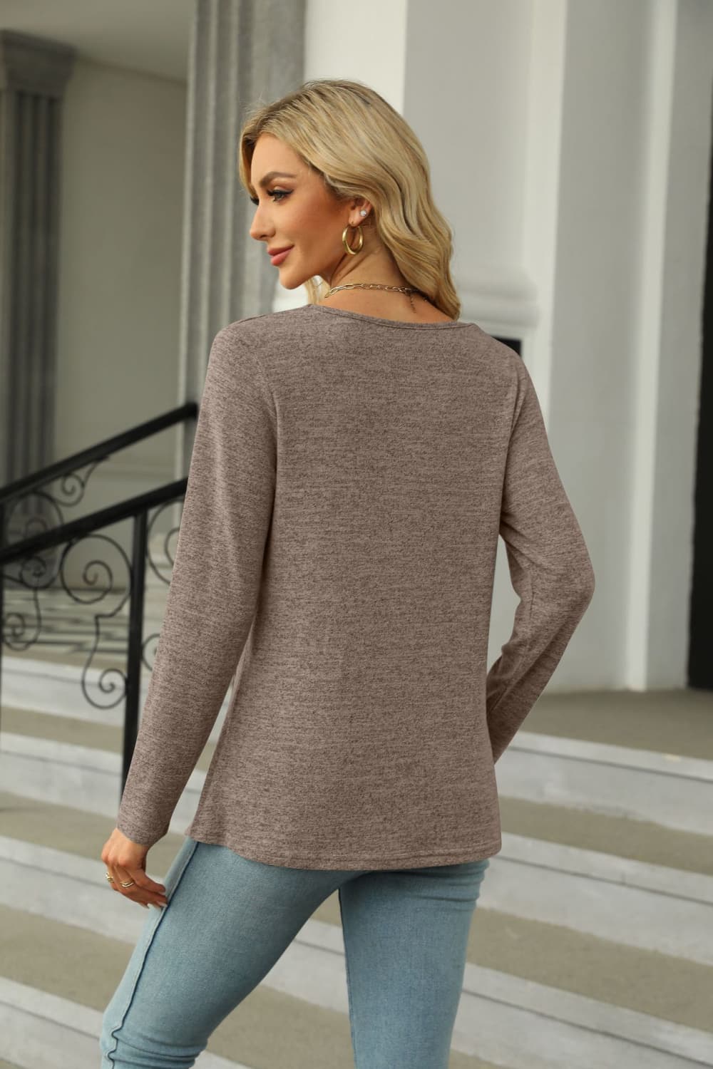 Square Neck Long Sleeve Slit T-Shirt BLUE ZONE PLANET