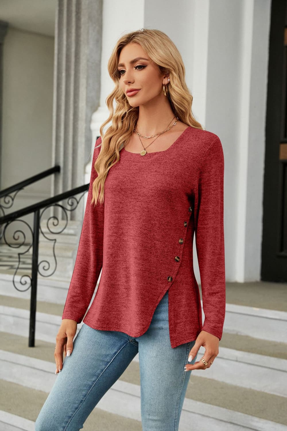 Square Neck Long Sleeve Slit T-Shirt BLUE ZONE PLANET
