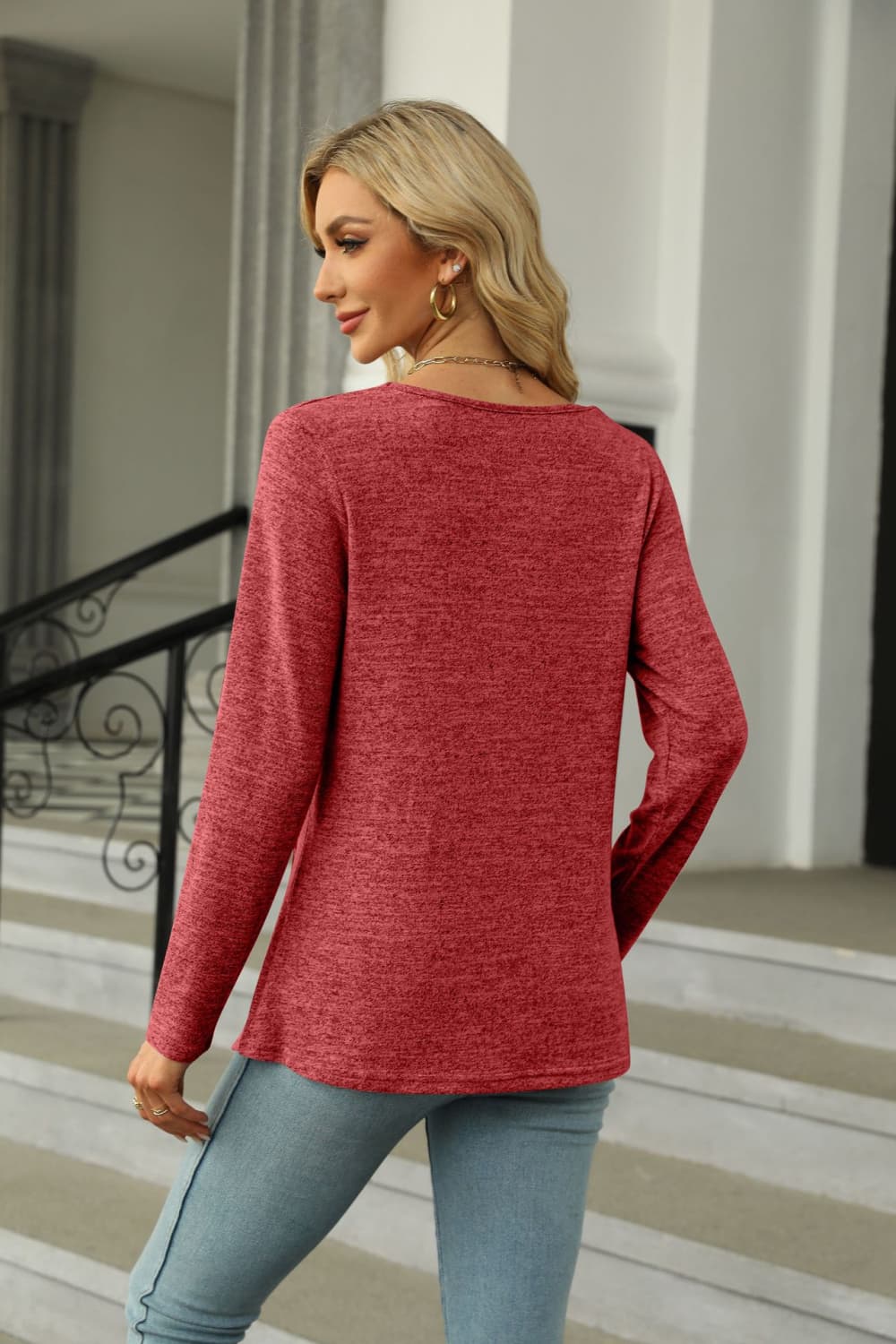 Square Neck Long Sleeve Slit T-Shirt BLUE ZONE PLANET