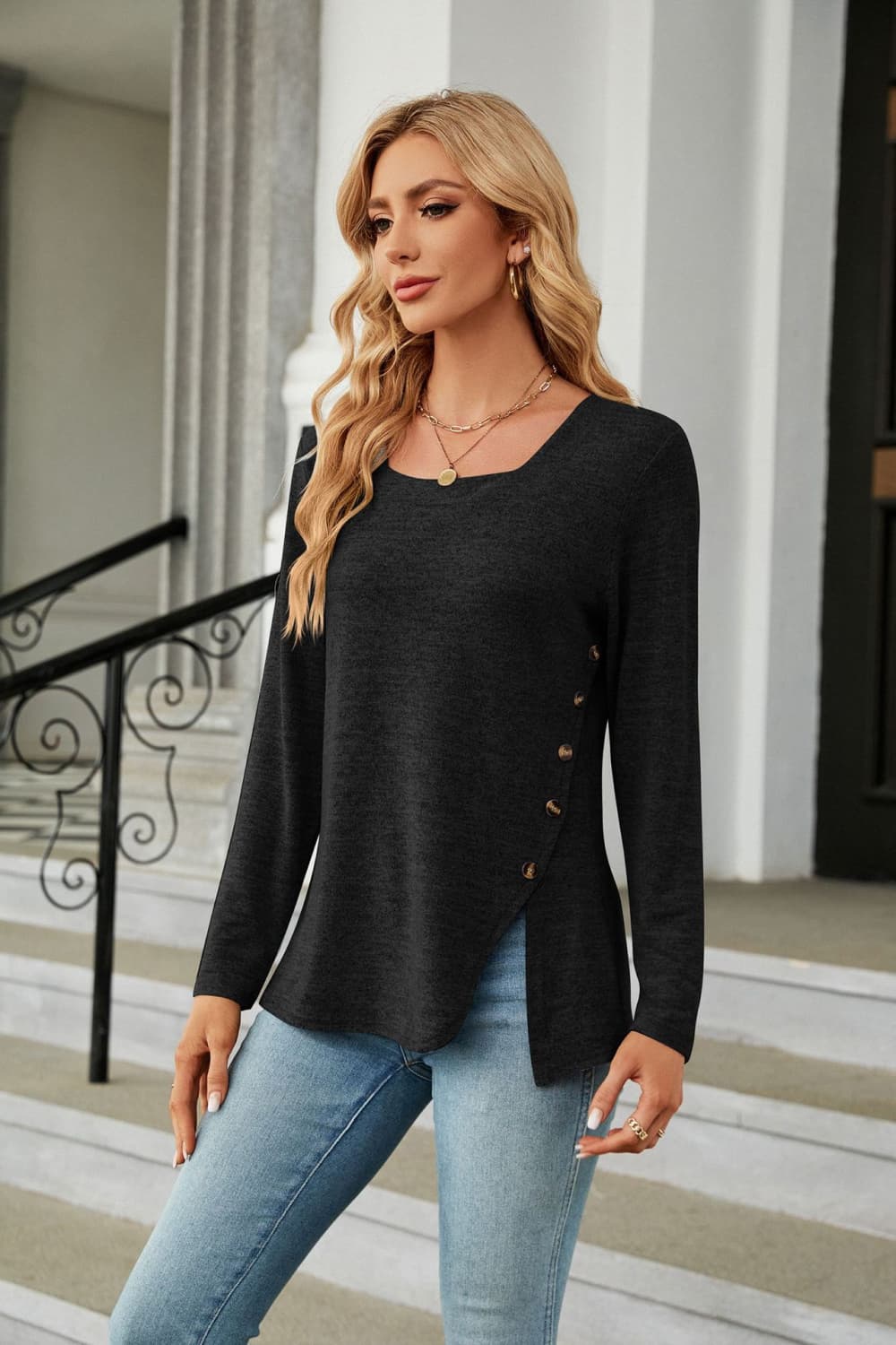 Square Neck Long Sleeve Slit T-Shirt BLUE ZONE PLANET