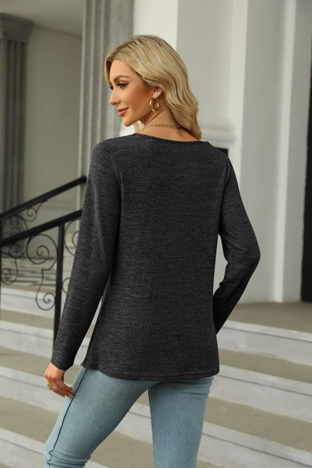 Square Neck Long Sleeve Slit T-Shirt BLUE ZONE PLANET
