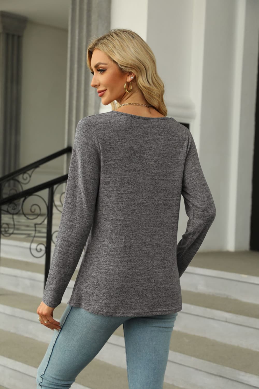 Square Neck Long Sleeve Slit T-Shirt BLUE ZONE PLANET