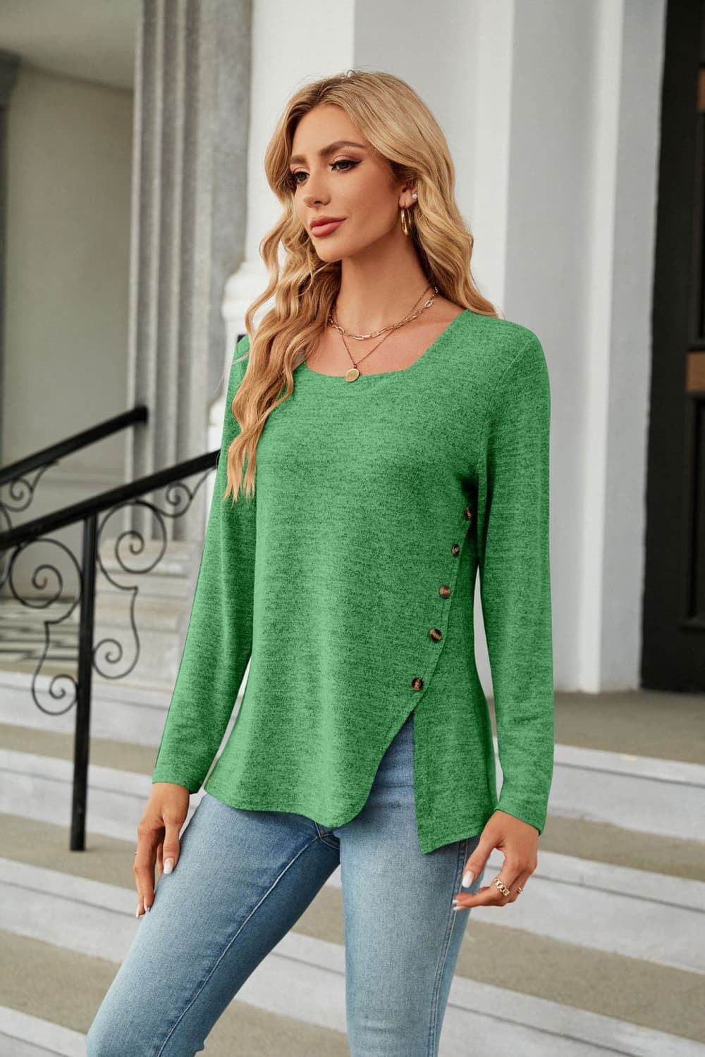 Square Neck Long Sleeve Slit T-Shirt BLUE ZONE PLANET