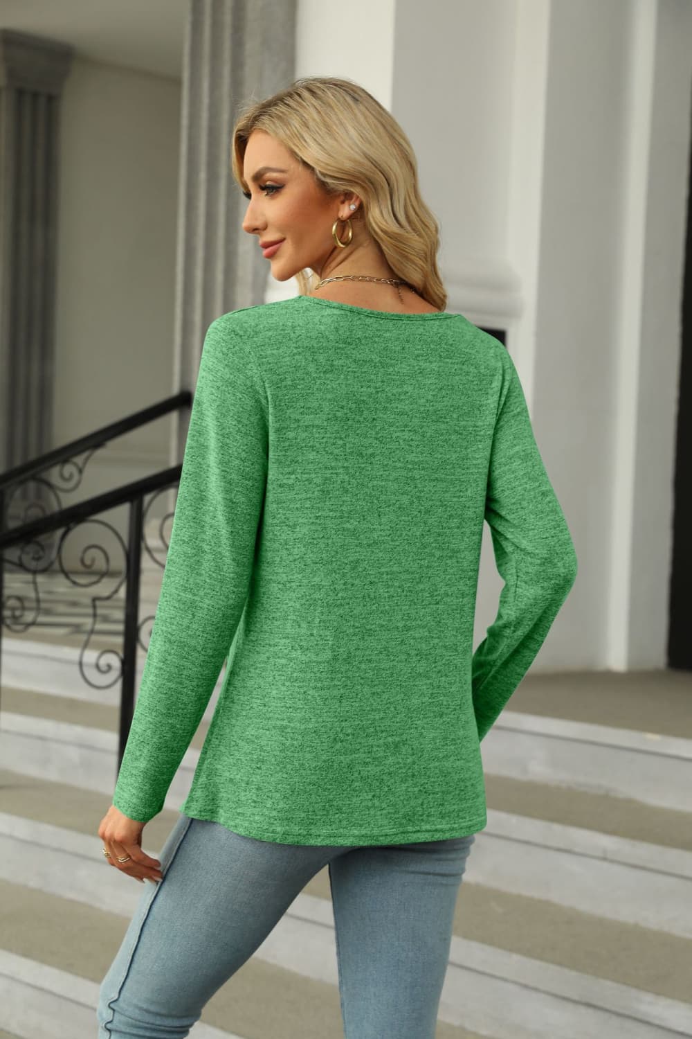 Square Neck Long Sleeve Slit T-Shirt BLUE ZONE PLANET